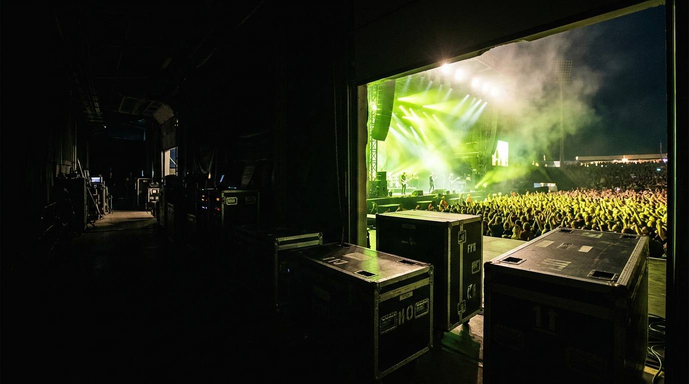 Backstage corridor opening onto a lit festival stage